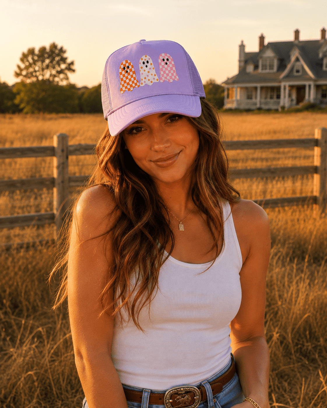Checkered Boo & Bloom Trucker Hat