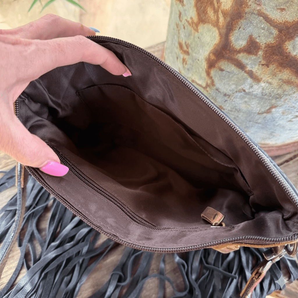 Checkered Cherry Cowhide Fringe Crossbody Bag