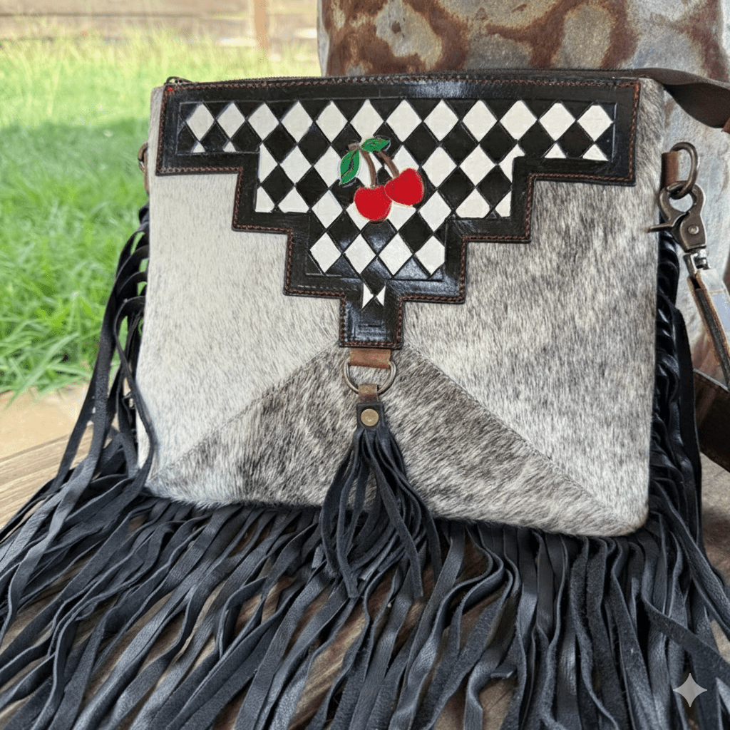 Checkered Cherry Cowhide Fringe Crossbody Bag