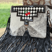 Checkered Cherry Cowhide Fringe Crossbody Bag