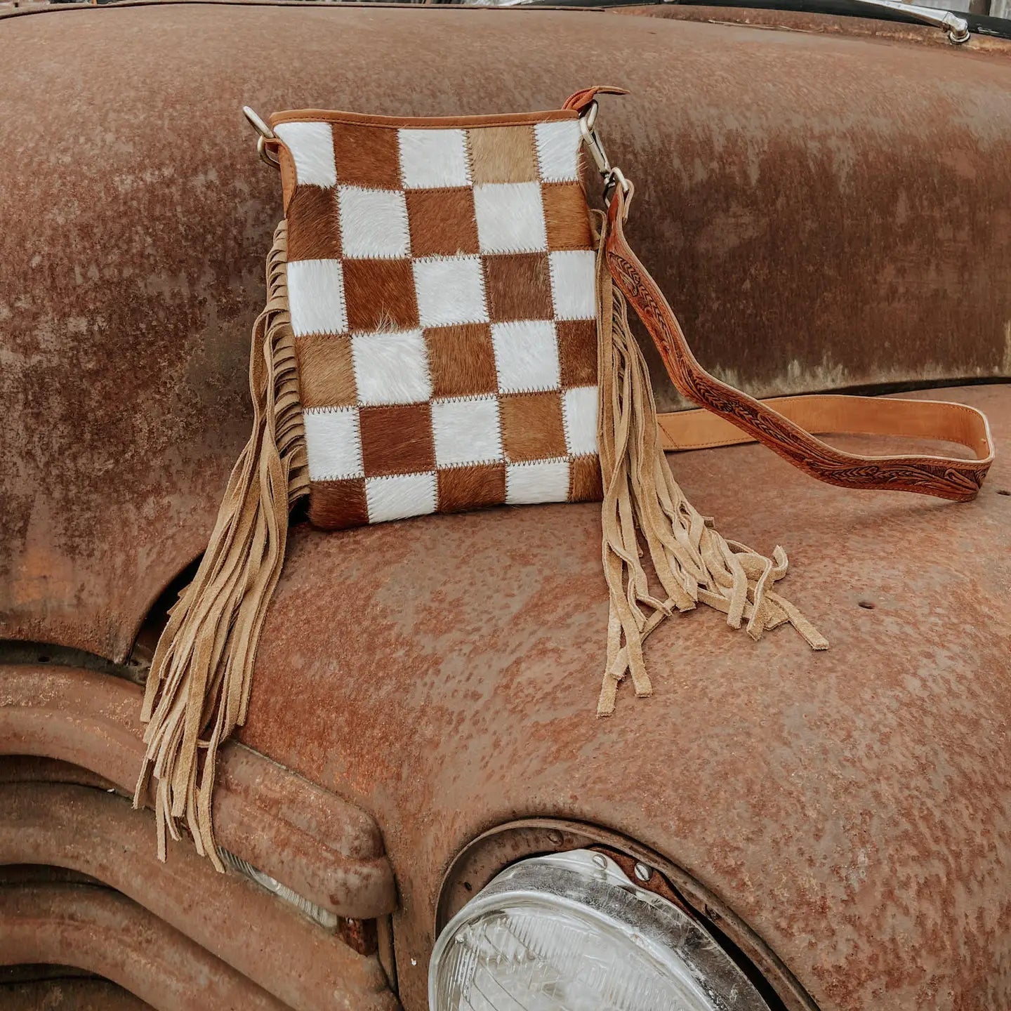Checkered Cowhide Fringe Crossbody Bag