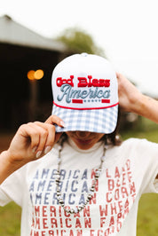 Checkered God Bless America Embroidered Trucker Hat