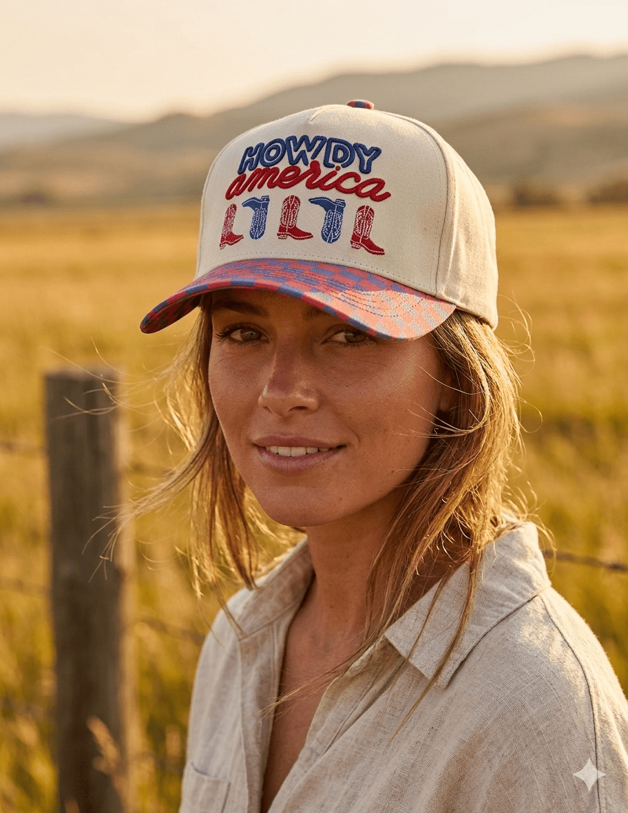 Checkered Howdy America Embroidered Trucker Hat