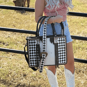 Checkered Leather Cowhide Tote Bag