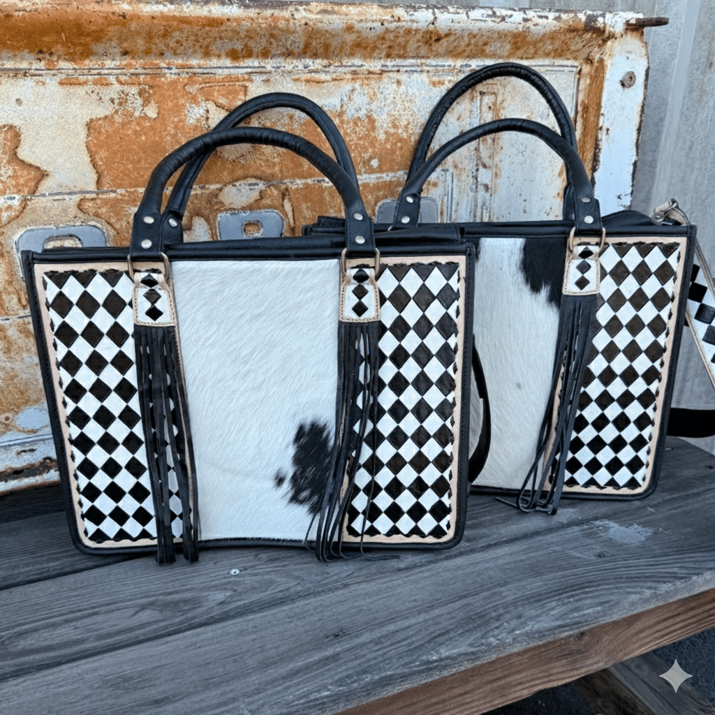 Checkered Leather Cowhide Tote Bag