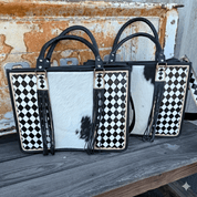 Checkered Leather Cowhide Tote Bag