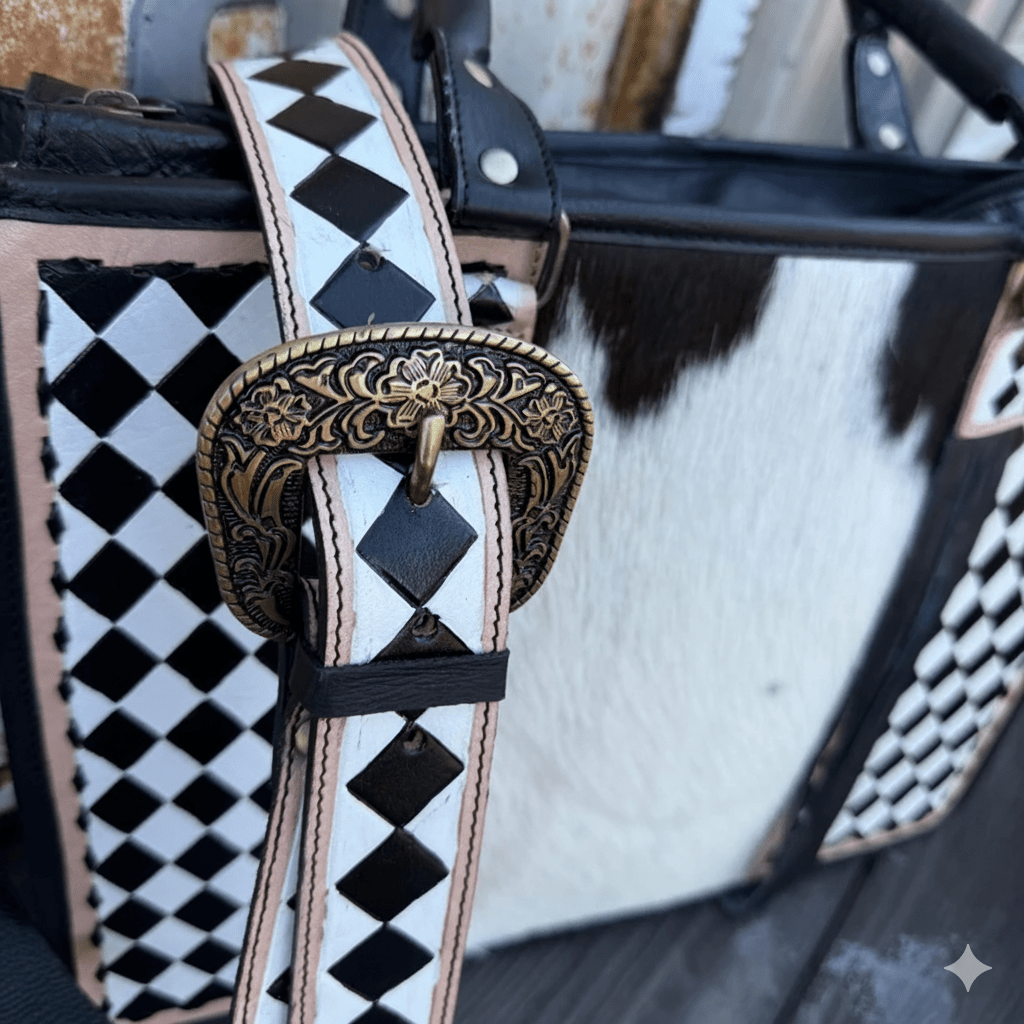 Checkered Leather Cowhide Tote Bag