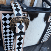 Checkered Leather Cowhide Tote Bag