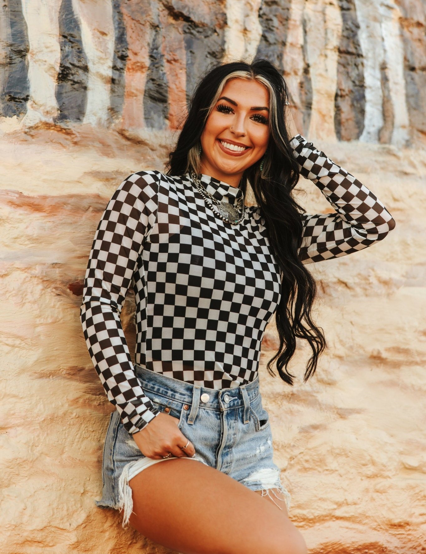 Checkered Long Sleeve Mesh TopS