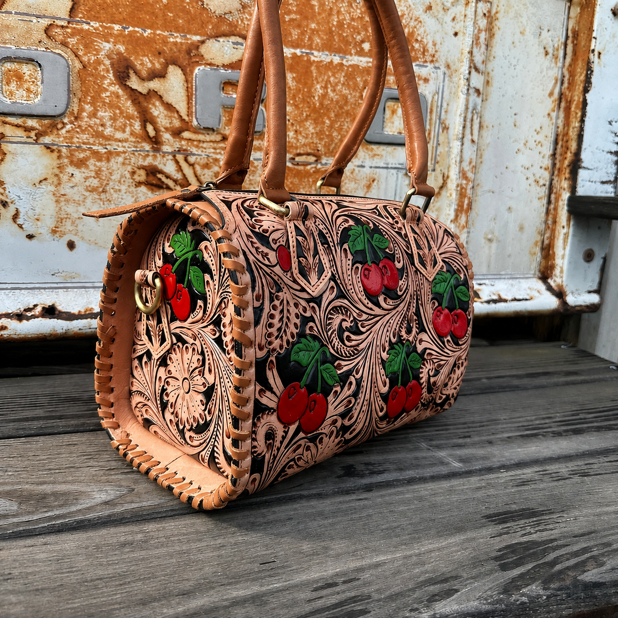 Wild Cherry Tooled Leather Handbag