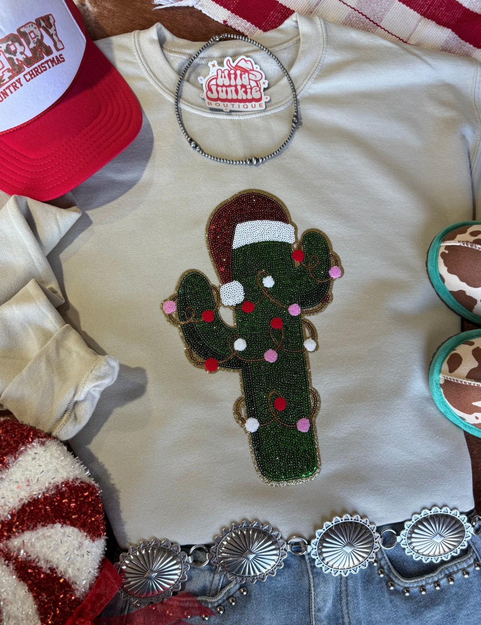 Christmas Cactus Sequins Patch SweatshirtSandS