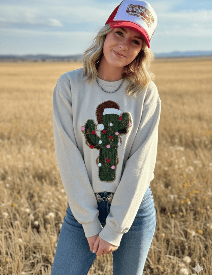 Christmas Cactus Sequins Patch SweatshirtSandS