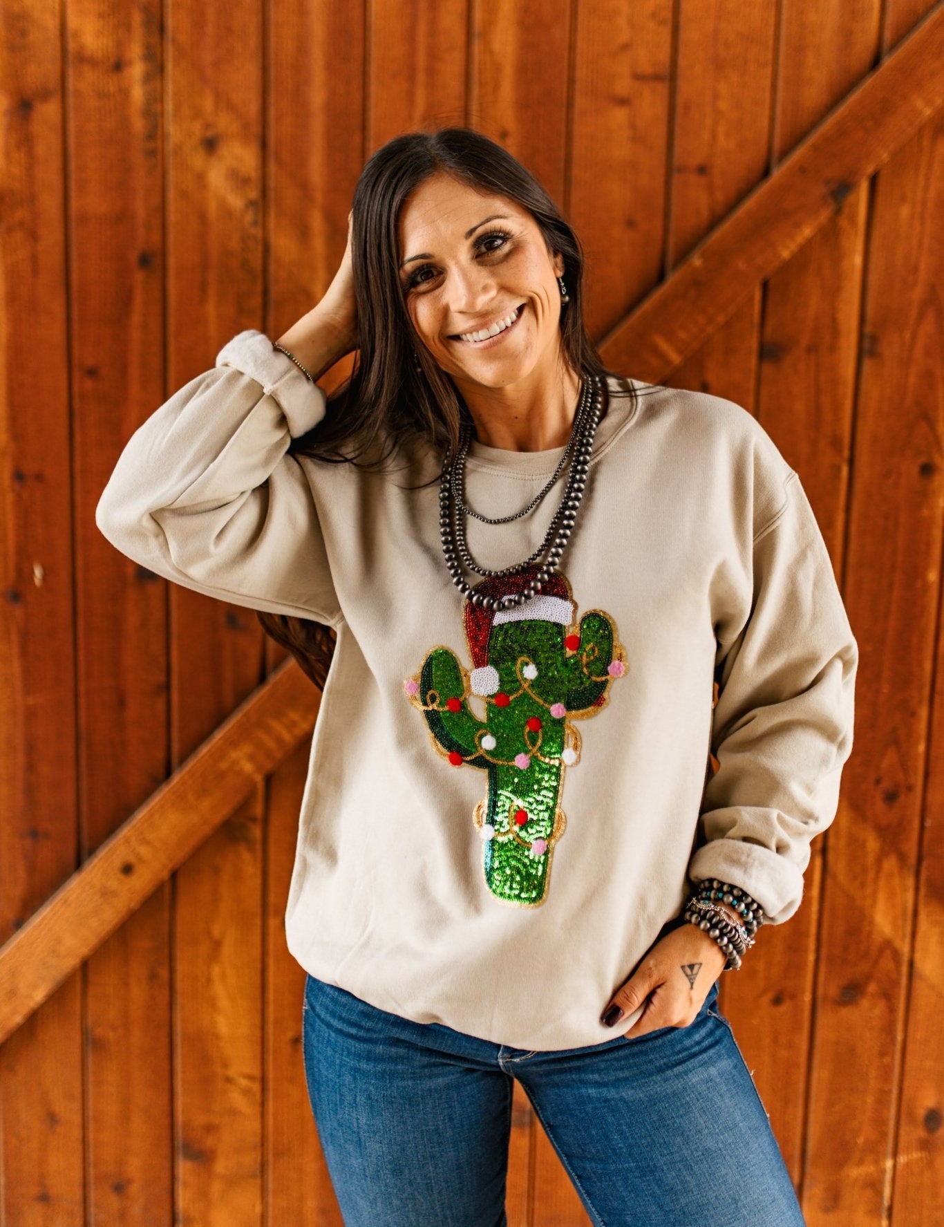 Christmas Cactus Sequins Patch SweatshirtSandS