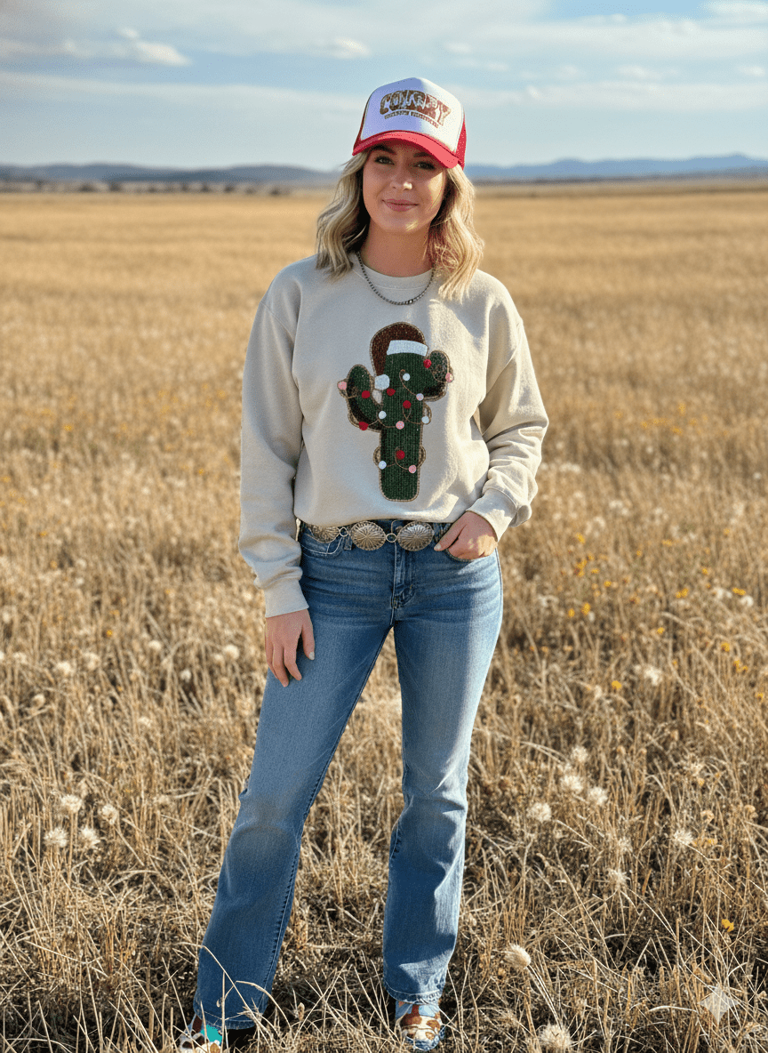 Christmas Cactus Sequins Patch SweatshirtSandS