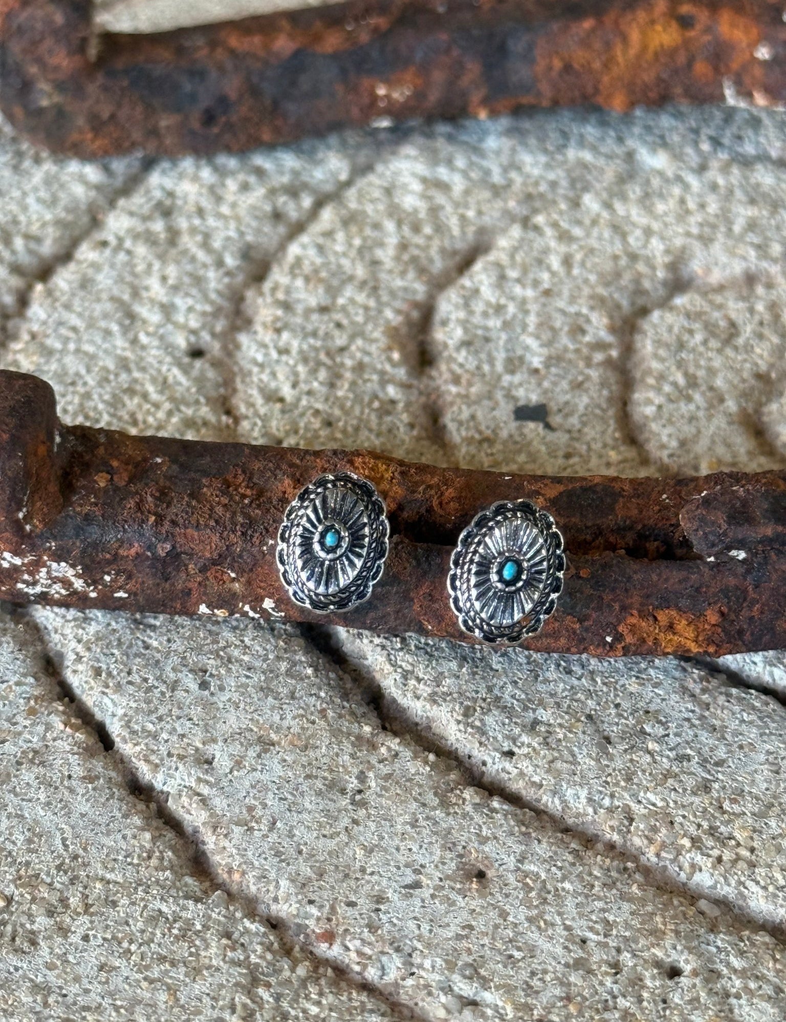 Concho Faux Silver Stud Earrings
