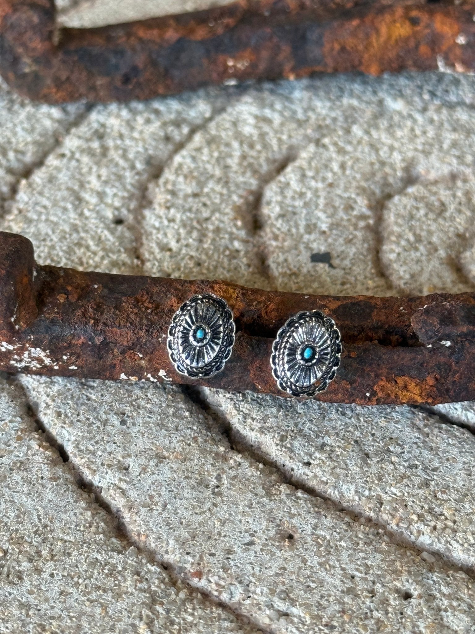 Concho Faux Silver Stud Earrings