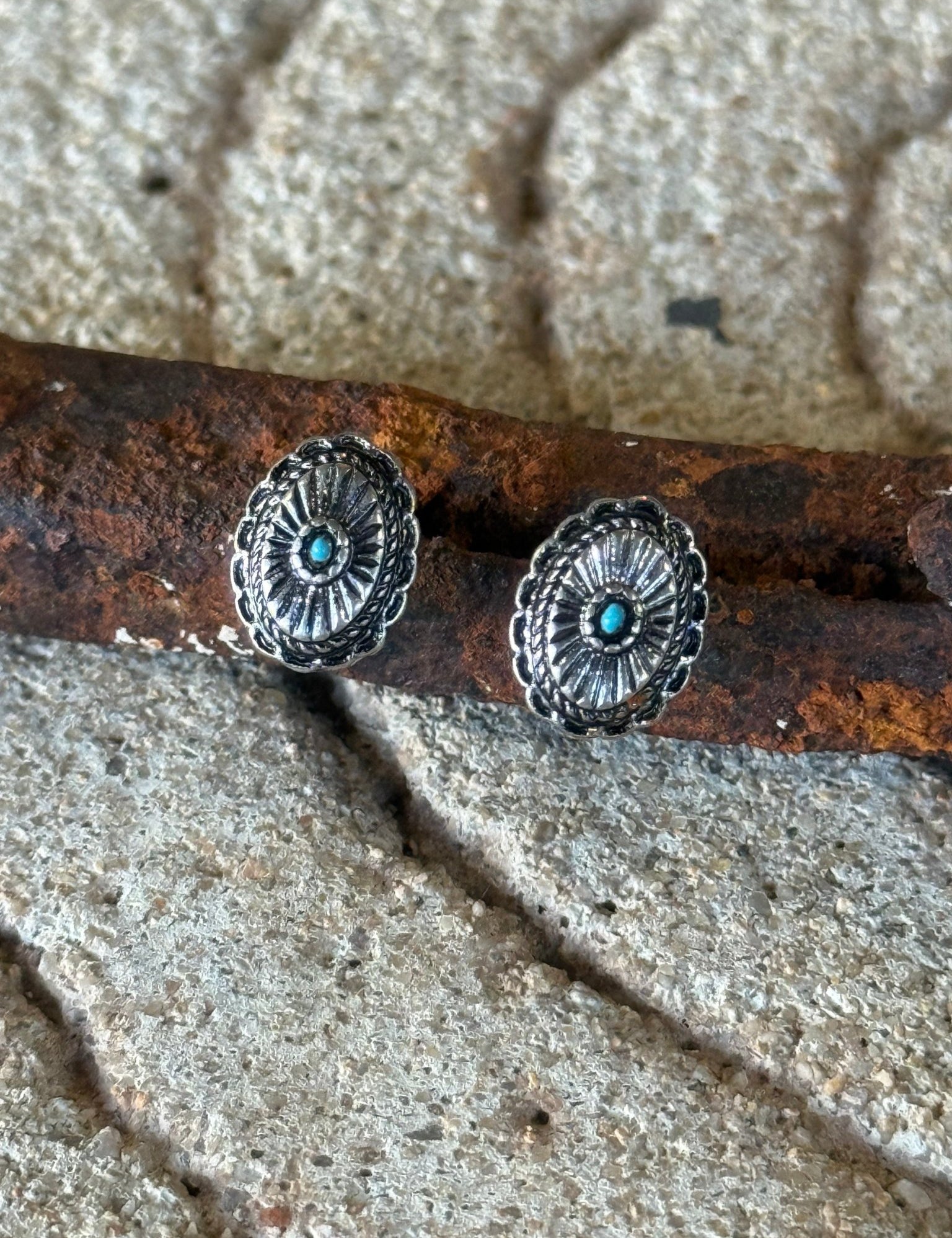 Concho Faux Silver Stud Earrings