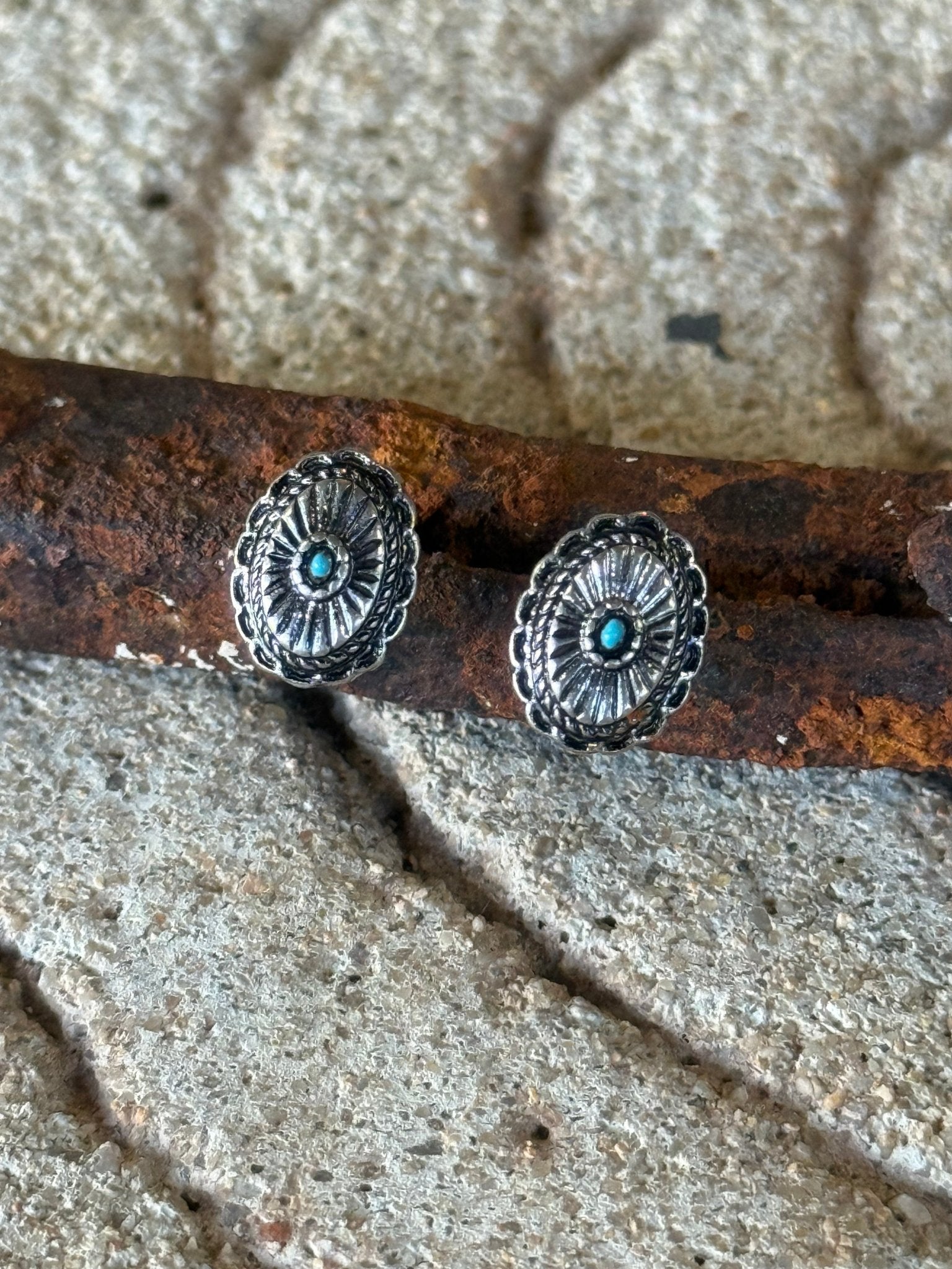 Concho Faux Silver Stud Earrings
