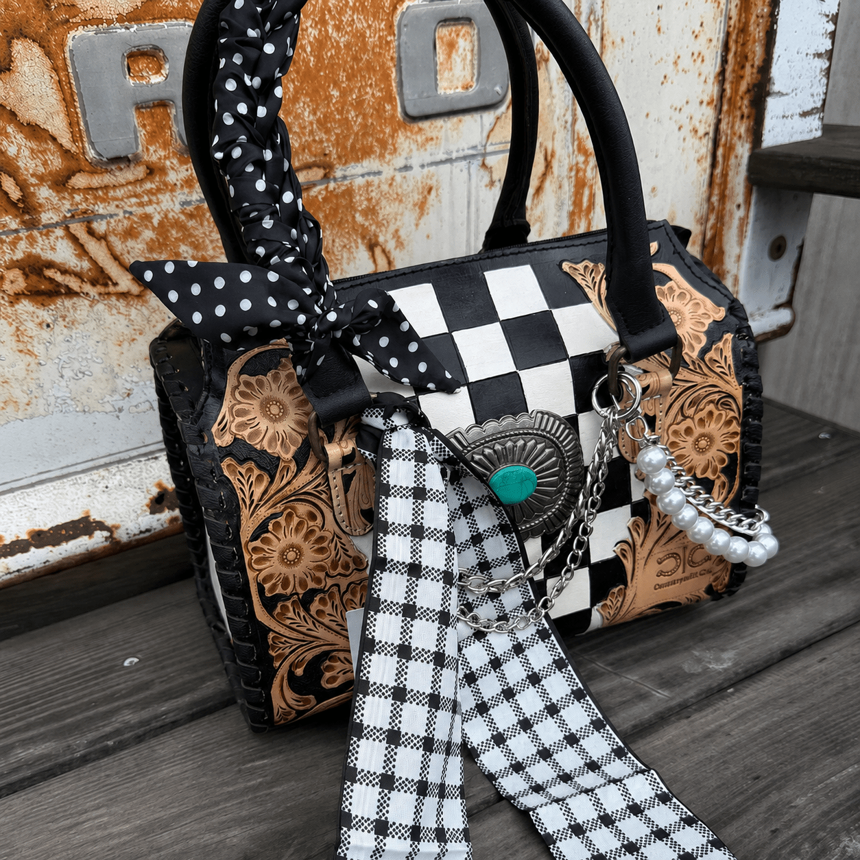 Concho Tooled Leather Checkerboard Handbag