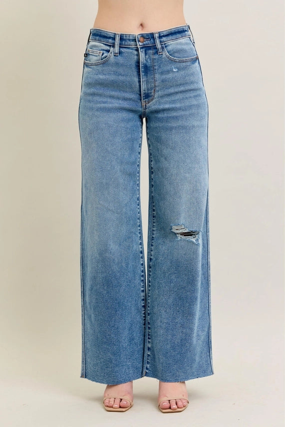 High-Rise Raw Hem Wide Leg Jeans