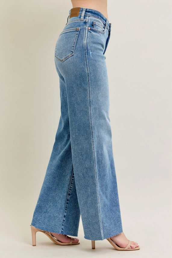 High-Rise Raw Hem Wide Leg Jeans