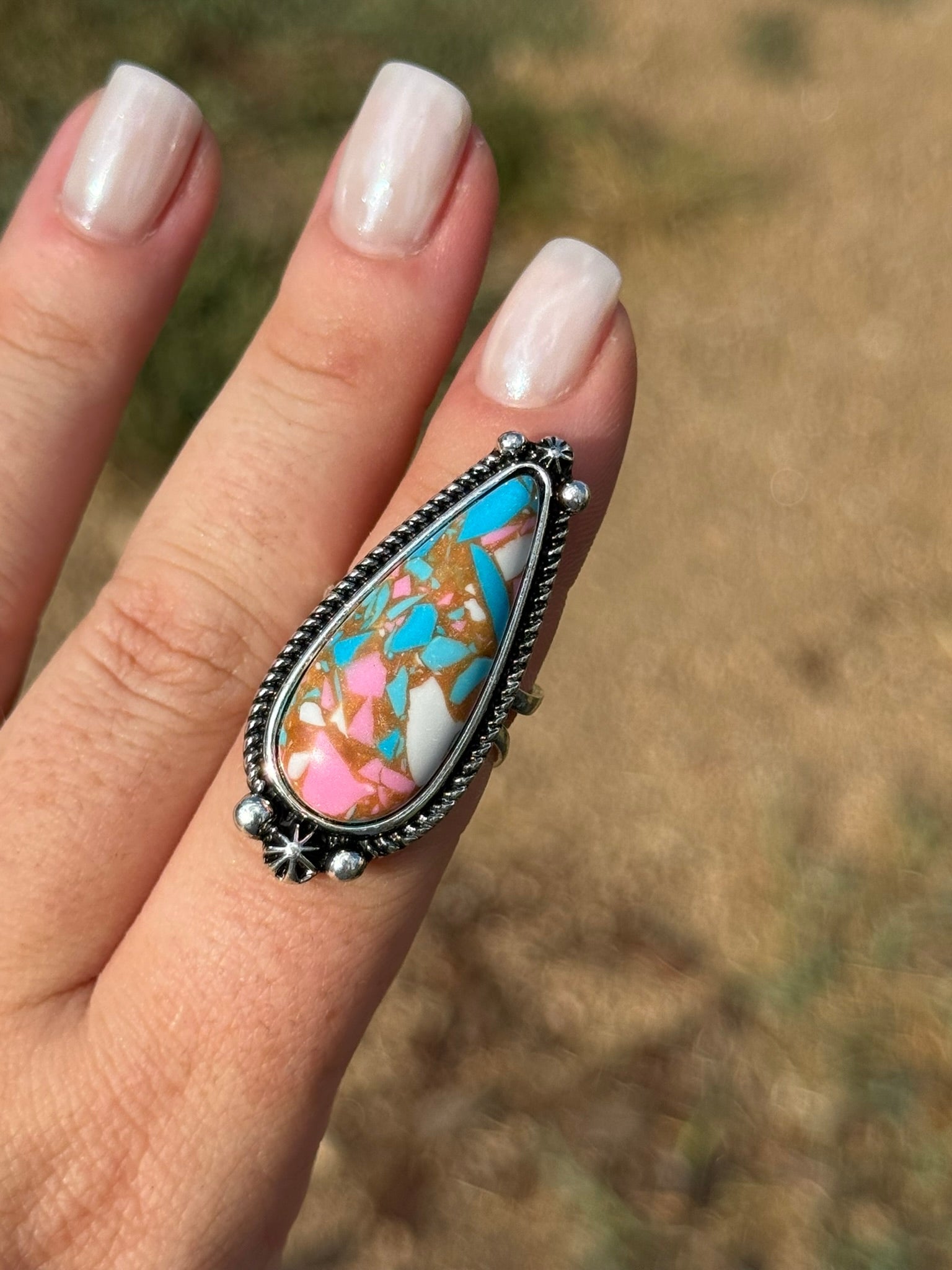 Cotton Candy Stone Teardrop Cuff Ring