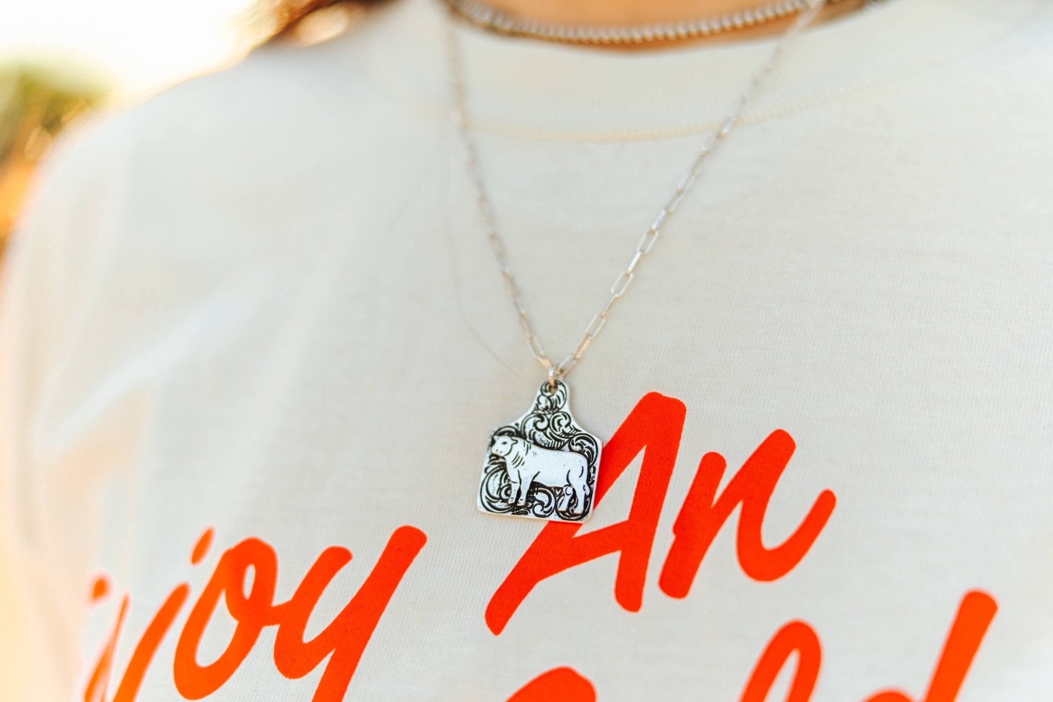 Cow Etched Cattle Tag Necklace