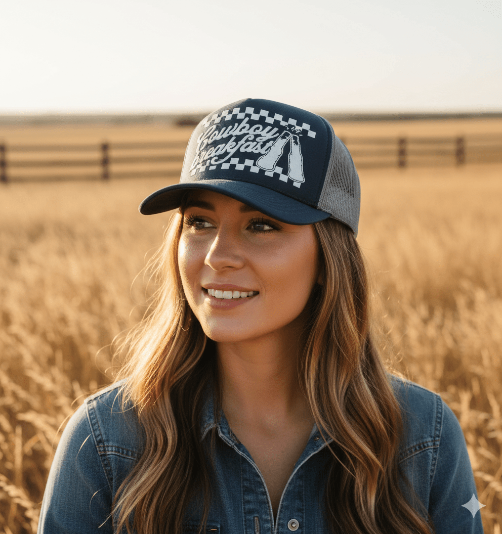 Cowboy Breakfast Beer Trucker Hat - Blue