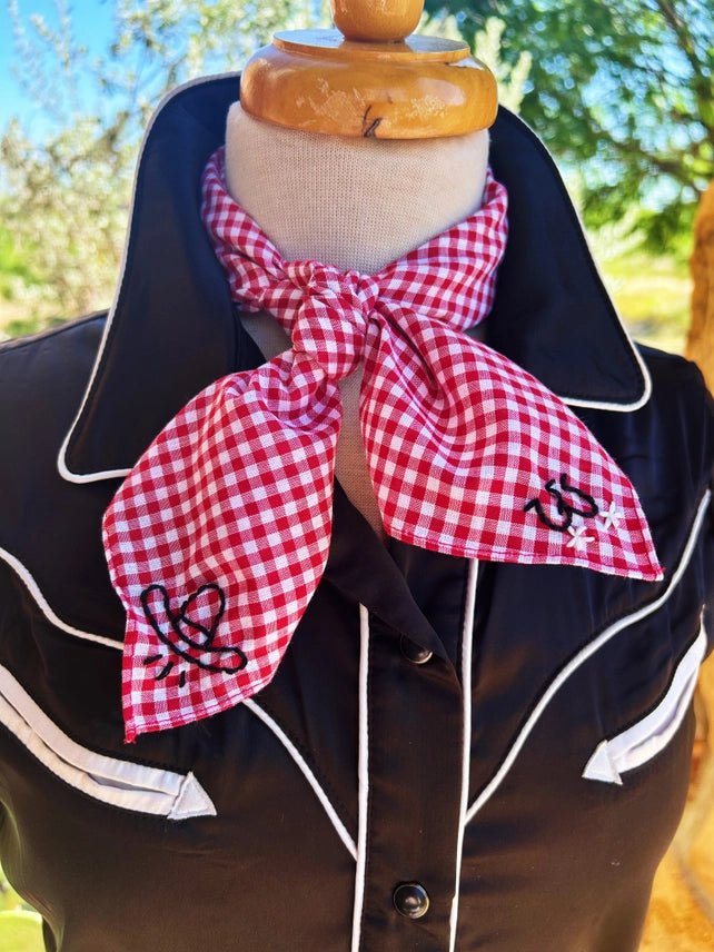 Cowboy Hat & Spurs Embroidered Gingham Bandana