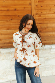Cowboy Puff Sleeve Babydoll BlouseS