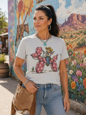 Cowgirl Riding Floral Balloon Dog Graphic TeeCool GreyS