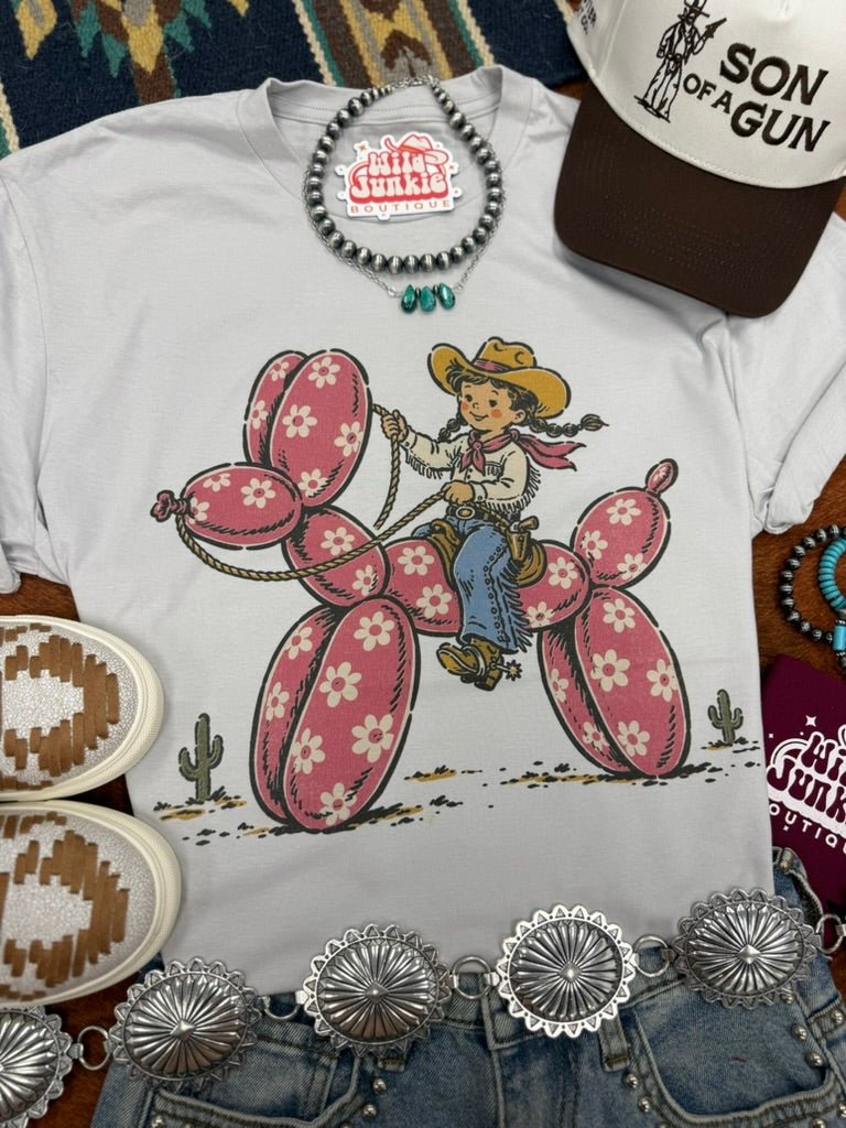 Cowgirl Riding Floral Balloon Dog Graphic TeeCool GreyS