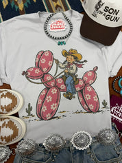 Cowgirl Riding Floral Balloon Dog Graphic TeeCool GreyS
