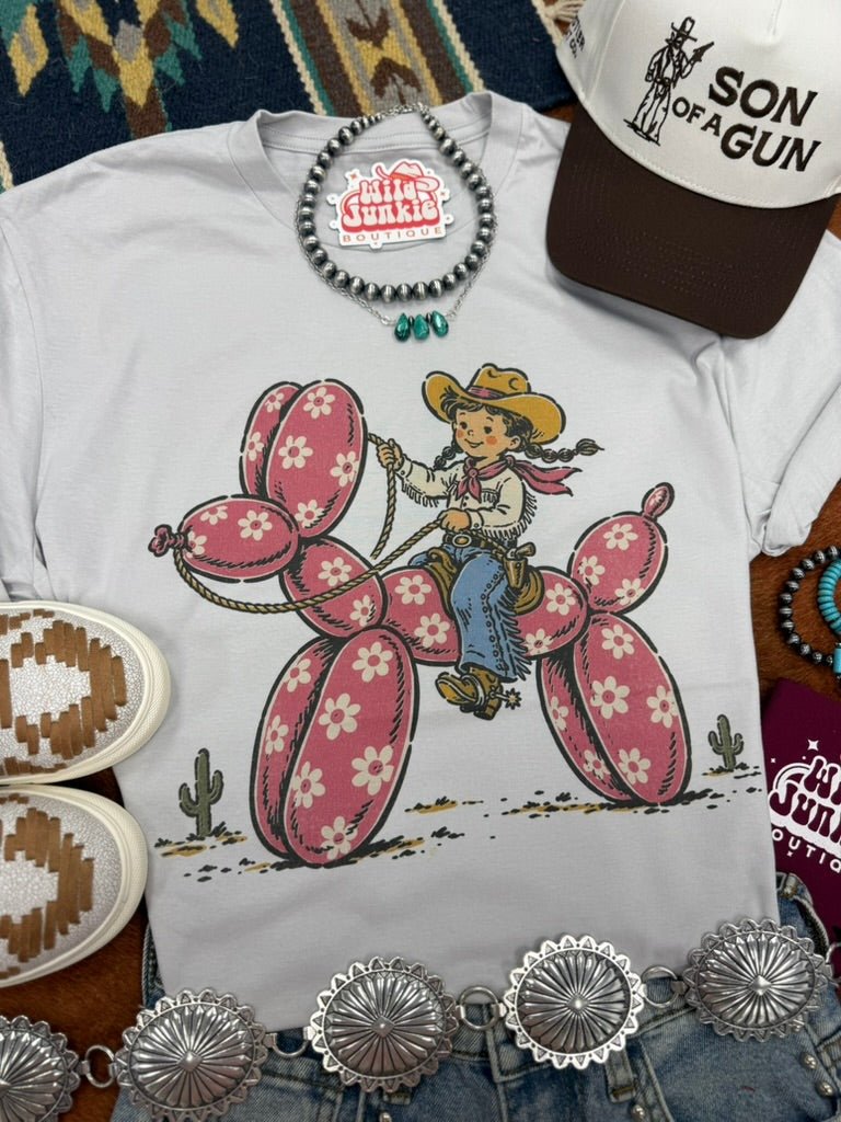 Cowgirl Riding Floral Balloon Dog Graphic TeeCool GreyS