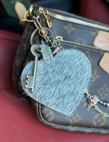 Cowhide Heart Key Chain - Grey