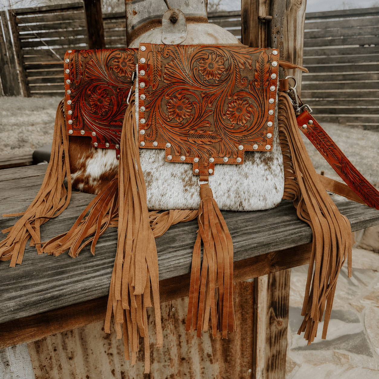 Cowhide Tooled Leather Fringe Crossbody Bag