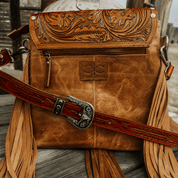 Cowhide Tooled Leather Fringe Crossbody Bag