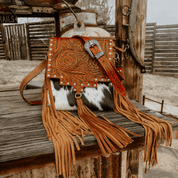 Cowhide Tooled Leather Fringe Crossbody Bag