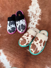 Cream Teal Cow Print Slippers6