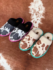 Cream Teal Cow Print Slippers6