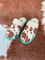 Cream Teal Cow Print Slippers6