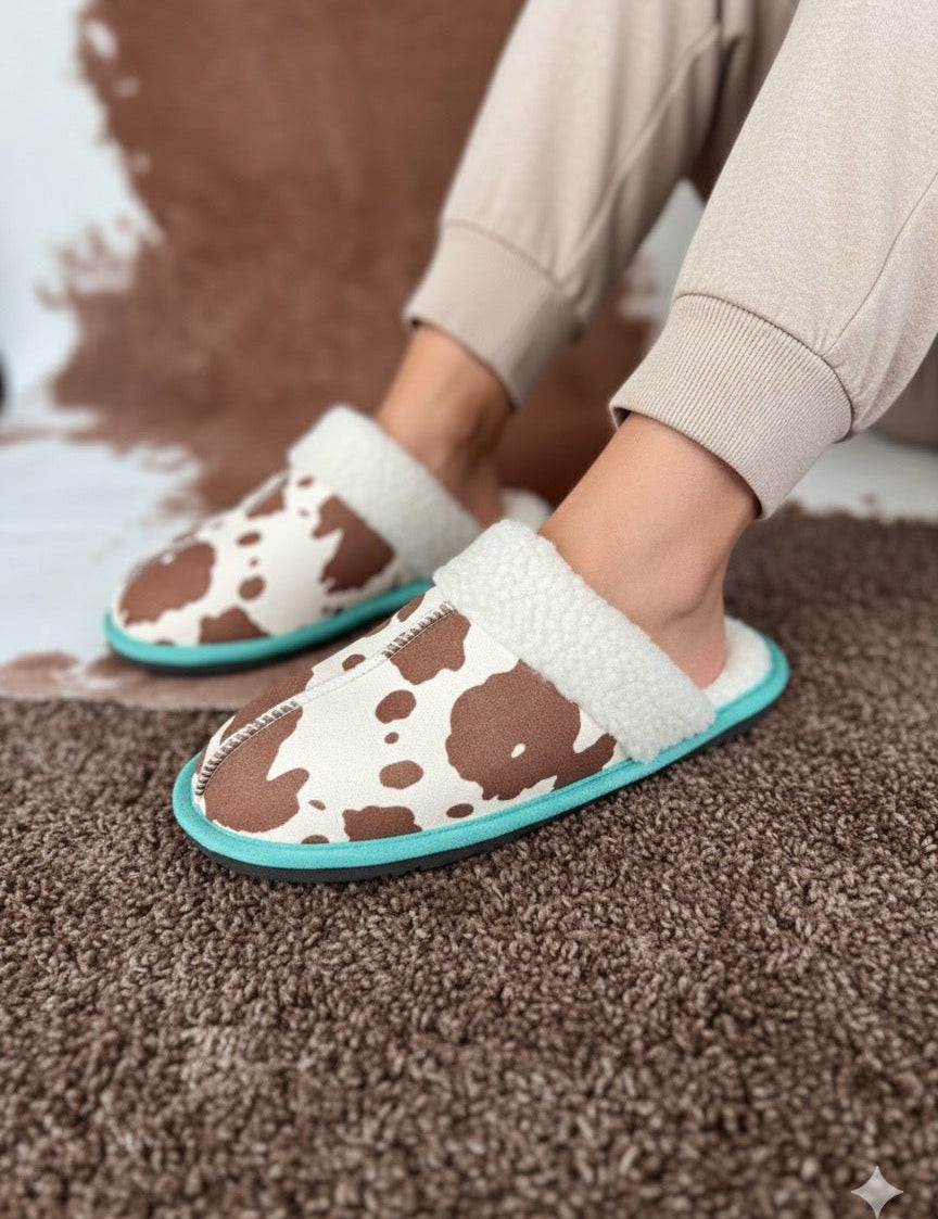 Cream Teal Cow Print Slippers6