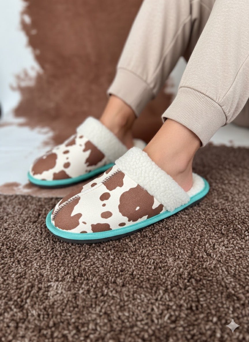 Cream Teal Cow Print Slippers6