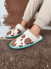 Cream Teal Cow Print Slippers6