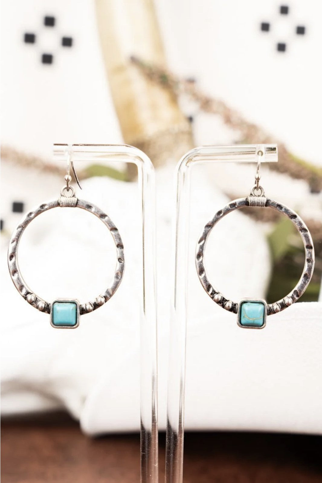 Turquoise Cube Stone Hammered Circle Drop Earrings