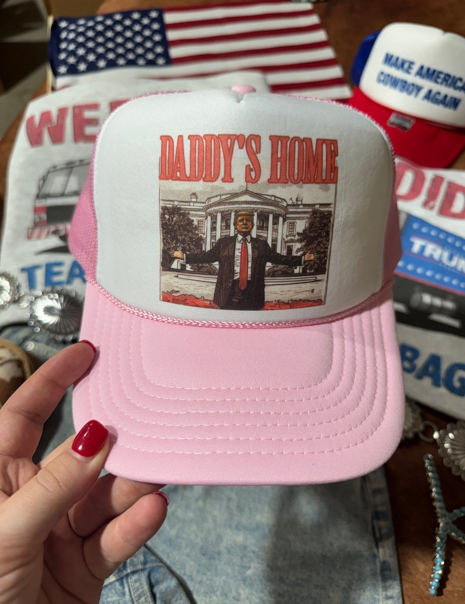 Daddys Home Trump Trucker HatPink & White
