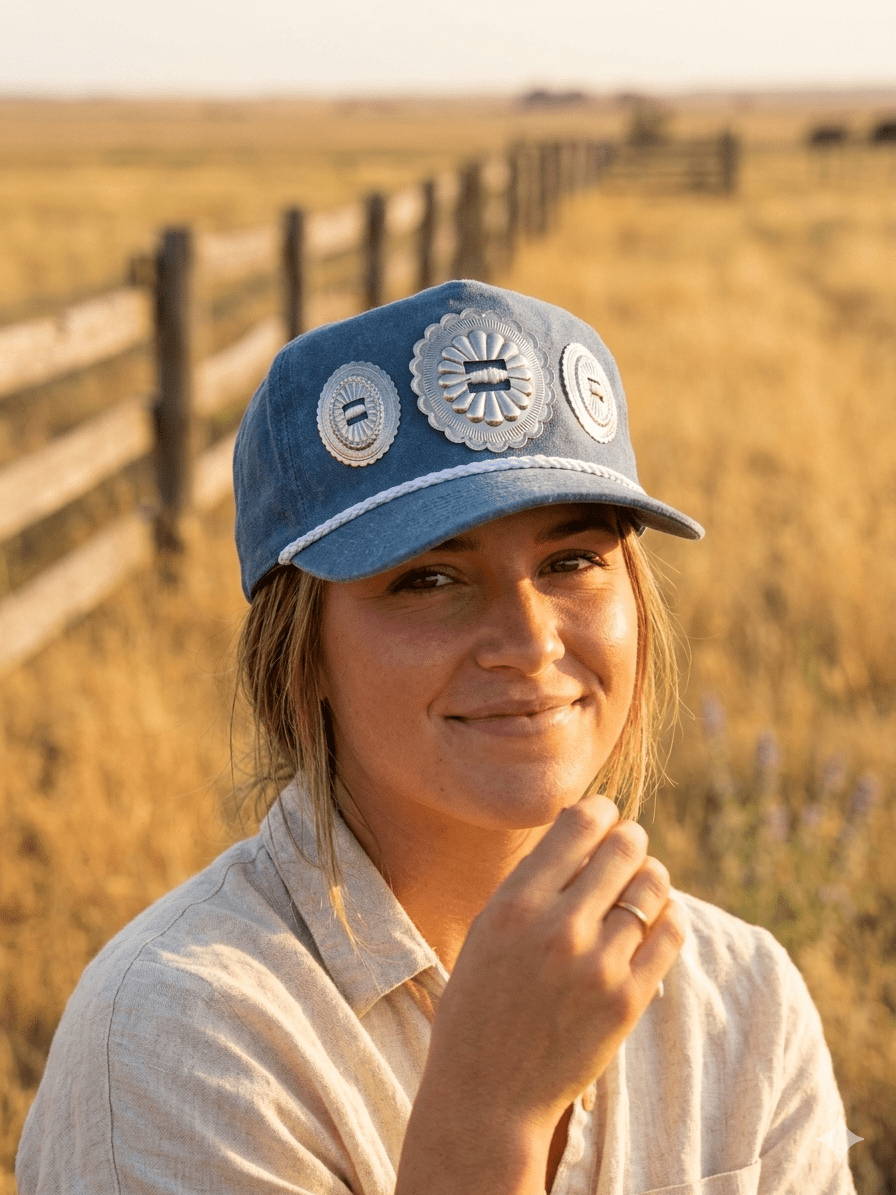 Denim Triple Concho Trucker Hat
