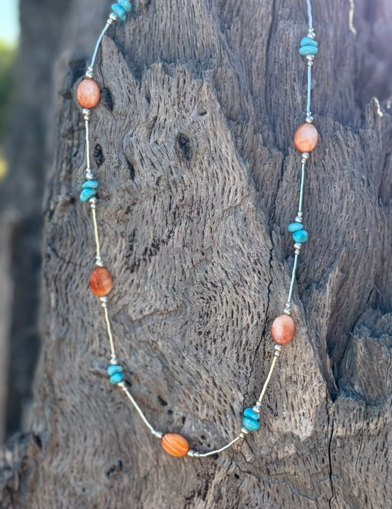 Desert Harmony Spiny Oyster And Turquoise Necklace