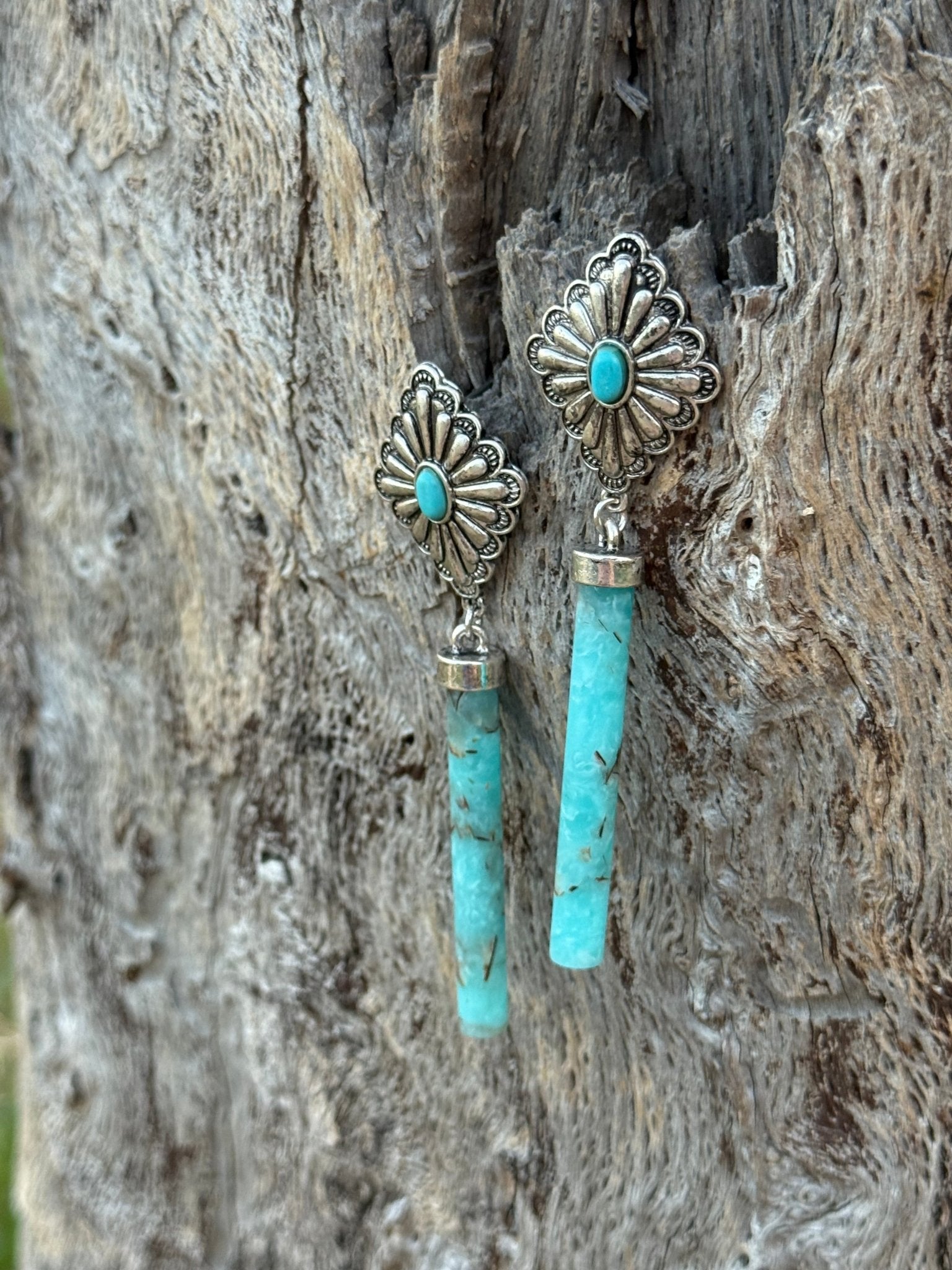 Diamond Concho Turquoise Rod Earrings