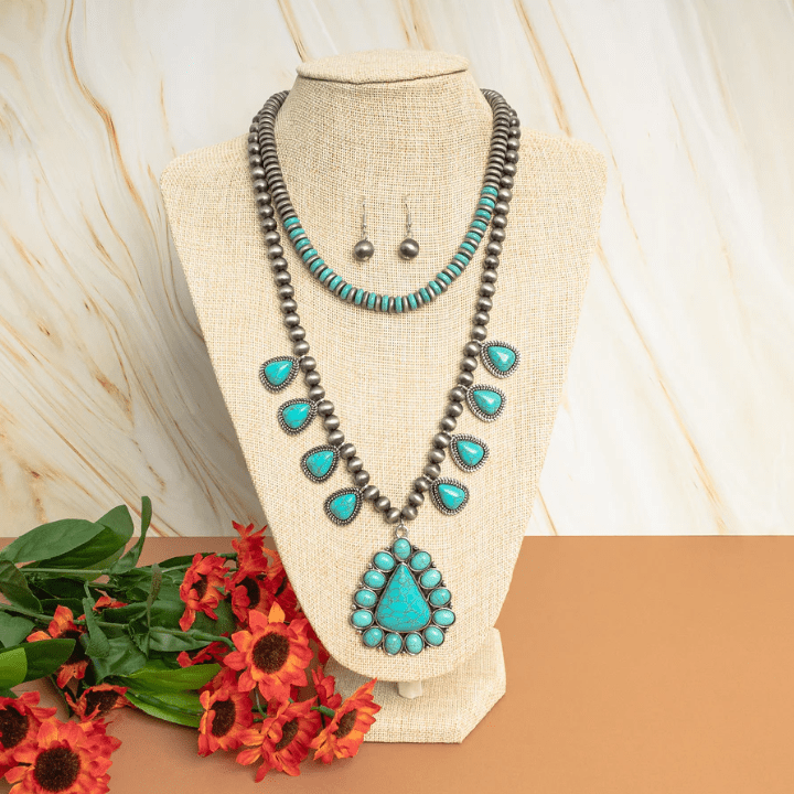 Double Strand Beaded Turquoise Teardrop Necklace